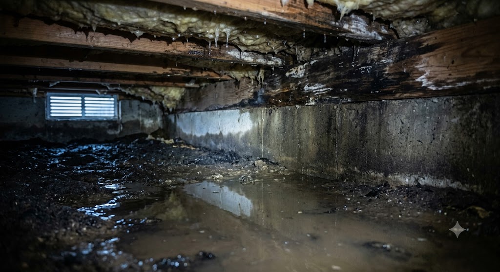 Crawlspace water damage and wet insulation near Fairfax Ohio