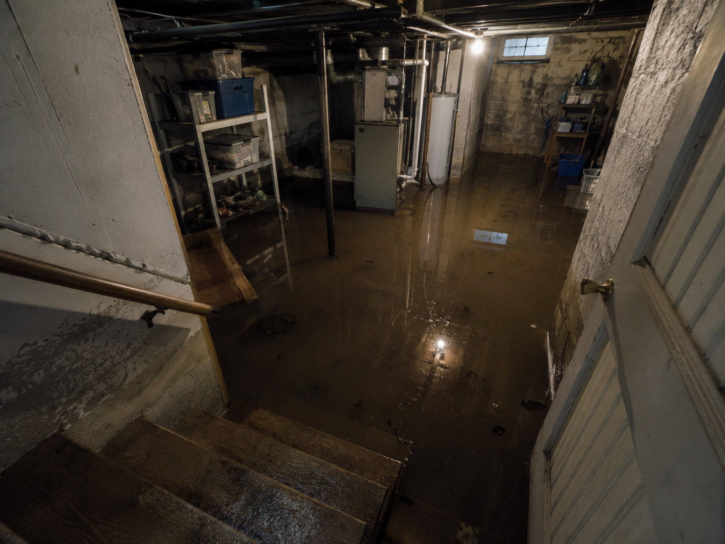 Flooded basement with standing water requiring emergency cleanup