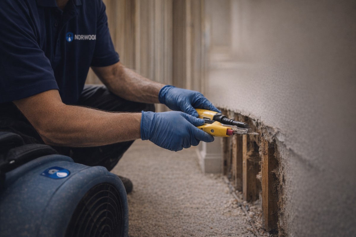 Technician removing damaged wall material during residential water damage cleanup