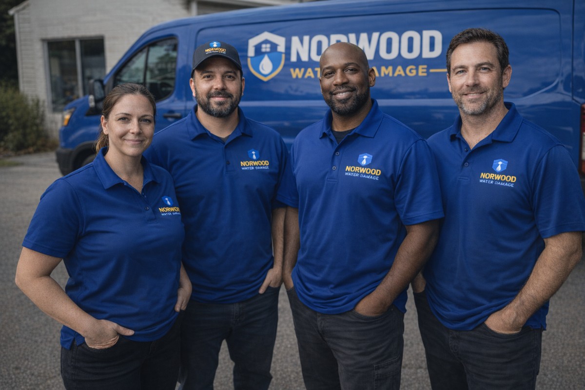 Norwood Water Damage emergency service team standing beside branded service van