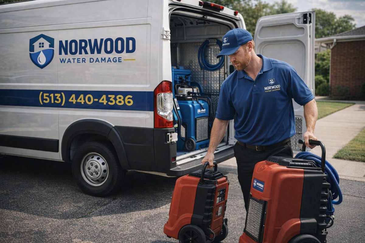 Norwood Water Damage technicians unloading drying equipment